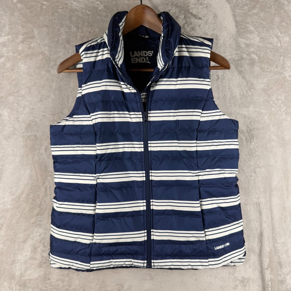 Lands End Womens Navy‎ White Striped Quilted Puffer Vest Small 6-8 Full Zip